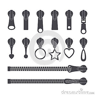 Zippers silhouettes set. Monochrome zip fastener and pullers. Fashion elements for fabric design and clothes. Vector Vector Illustration